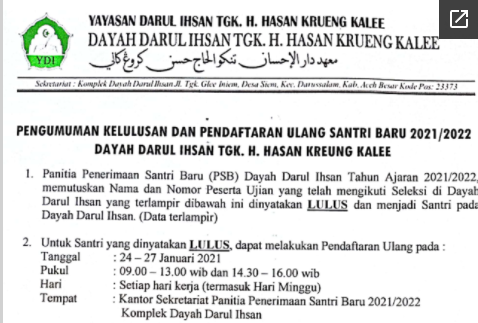Pengumuman Kelulusan PSB T.P 2021/2022 Dayah Darul Ihsan